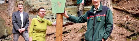 Die Schilder zu dem Hohnsteiner Lehrpfad wurden erneuert. Alle die mitgeholfen haben sind zur Eröffnung gekommen: Bürgermeister Daniel Brade, die Grafikerin Odette Schirmer, Nationalparkrevierleiter Frank Wagner und Nationalparkleiter Ulf Zimmermann (v.l.)
