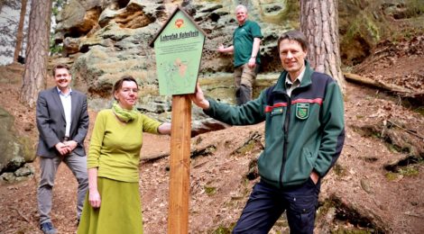 Die Schilder zu dem Hohnsteiner Lehrpfad wurden erneuert. Alle die mitgeholfen haben sind zur Eröffnung gekommen: Bürgermeister Daniel Brade, die Grafikerin Odette Schirmer, Nationalparkrevierleiter Frank Wagner und Nationalparkleiter Ulf Zimmermann (v.l.)