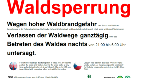 Waldsperrung Wegen hoher Waldbrandgefahr zum Schutz von Wald und Besuchenden in der Nationalparkregion Sächsische Schweiz (Nationalpark und Landschaftsschutzgebiet) ist ab sofort und bis auf Weiteres das Verlassen der Waldwege ganztägig sowie das Betreten des Waldes nachts von 21:00 bis 6:00 Uhr untersagt.
