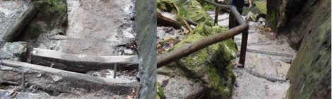 Ein Wanderweg mit Treppenstufen ist nach einem starken Regen schnell wieder repariert worden.