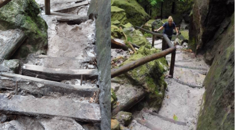 Ein Wanderweg mit Treppenstufen ist nach einem starken Regen schnell wieder repariert worden.