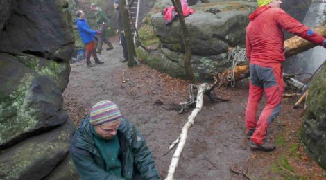 Fotos: AG Horstschutz, DAV - Lutz Zybell Die AG Horstschutz mit Teilnehmern des Deutschen Alpenvereins, des Sächsischen Bergsteigerbundes und der Nationalparkverwaltung verbaute bei ihrem Arbeitseinsatz Mitte Februar auf dem Pfaffenstein die Zugänge zu drei Felskanten abseits des Wanderwegs mit natürlichen Barrieren aus Totholz und brachte Absperrseile mit entsprechenden Hinweisschildern an.