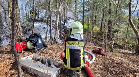 Foto 3 Hp. Mayr Kameradinnen und Kameraden der Hohnsteiner Feuerwehr bekämpften die großflächig in Brand geratene Kuppe des Felsriffs in der Kernzone bei Waitzdorf. Das weiße Netzmittel im Löschwasser erleichtert das Eindringen des Wassers in tiefere Schichten der Nadelstreu. Am heutigen 03.04. gegen 12:30 Uhr konnte das Löschen des Waldbrandes gemeldet werden.