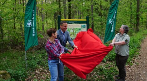 Foto: A. Kurby Lehrerin Chris Dittrich von der Grundschule Berggießhübel, Bürgermeister Thomas Peters und Revierleiterin Annett Wehner enthüllen schwungvoll die neue Tafel, die am Eingang des neuen Waldlehrpfades an der Rasthütte Bethlehemstift steht.